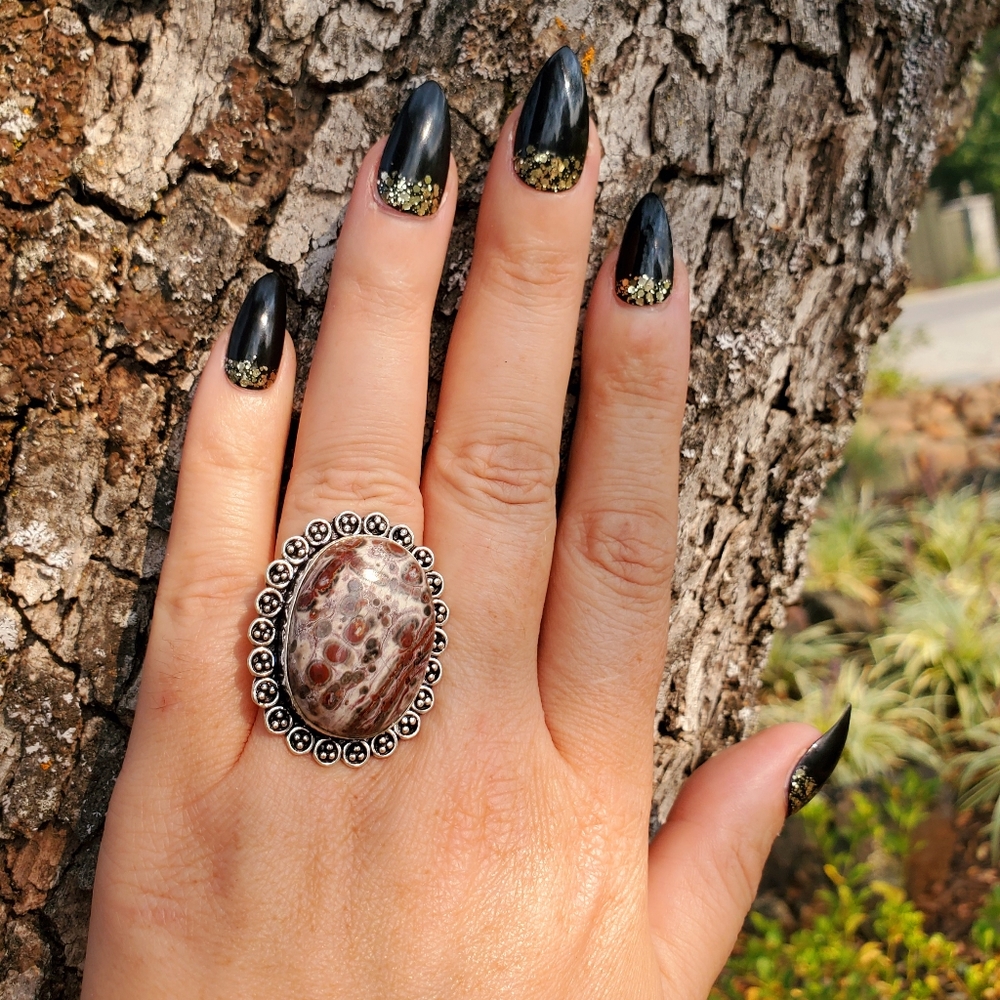 BIG Spotted Leopard Jasper Antique .925 Ring NWOT…